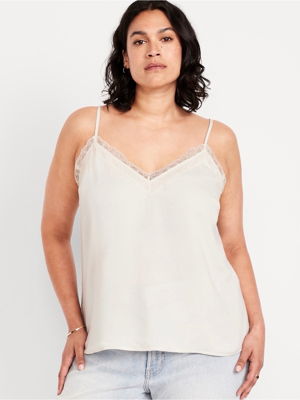 Lace Trim Satin Cami Tank Top in Ivory NWT